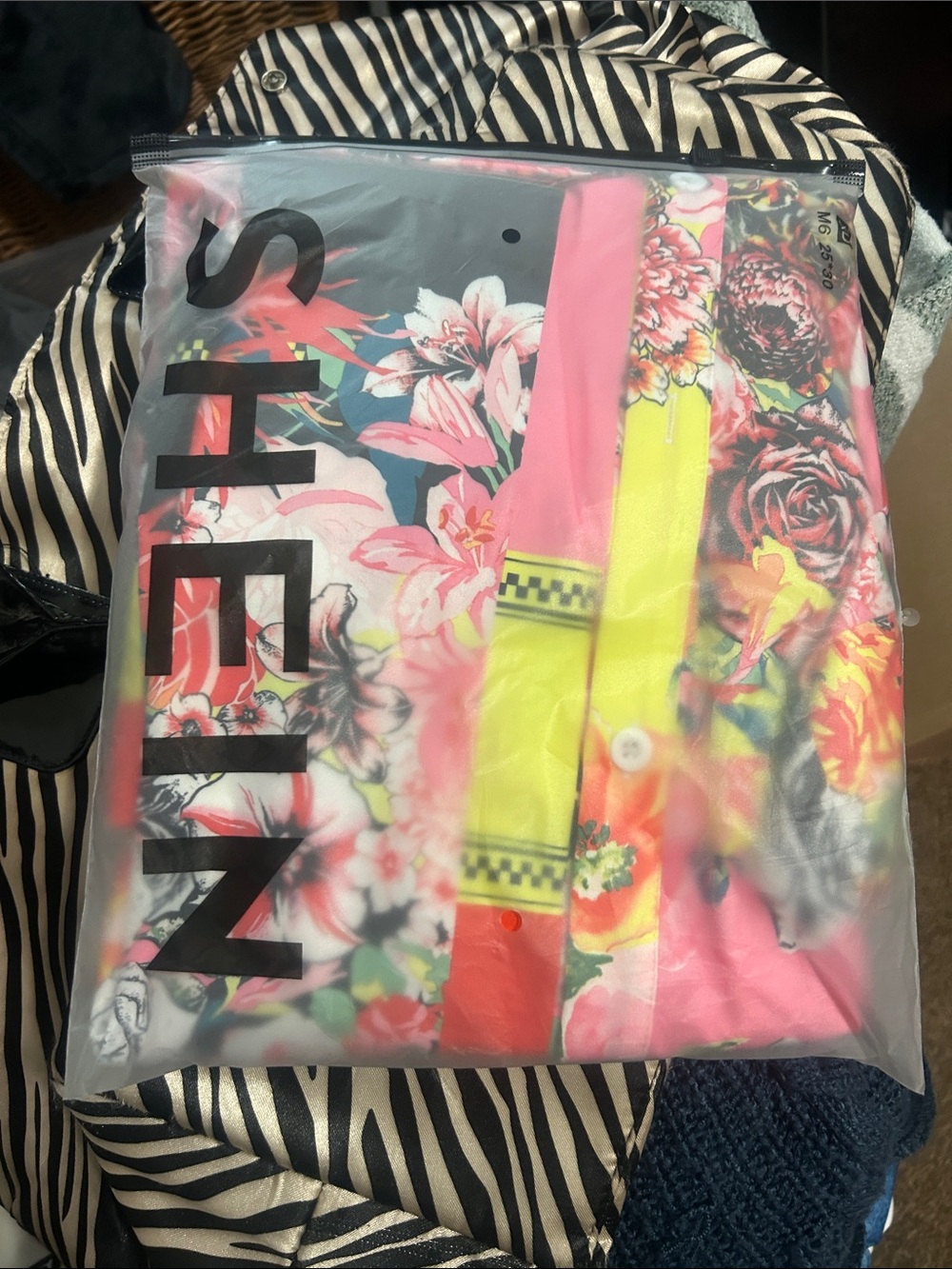 SHEIN Pink Floral Neon-Trim Button-Up Blouse